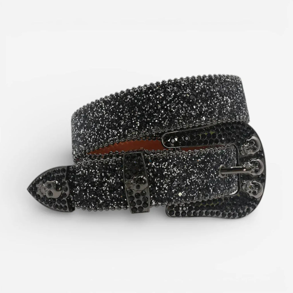 Maison de la Ceinture Noir / 105cm Ceinture à strass crâne unisexe – Skull shine