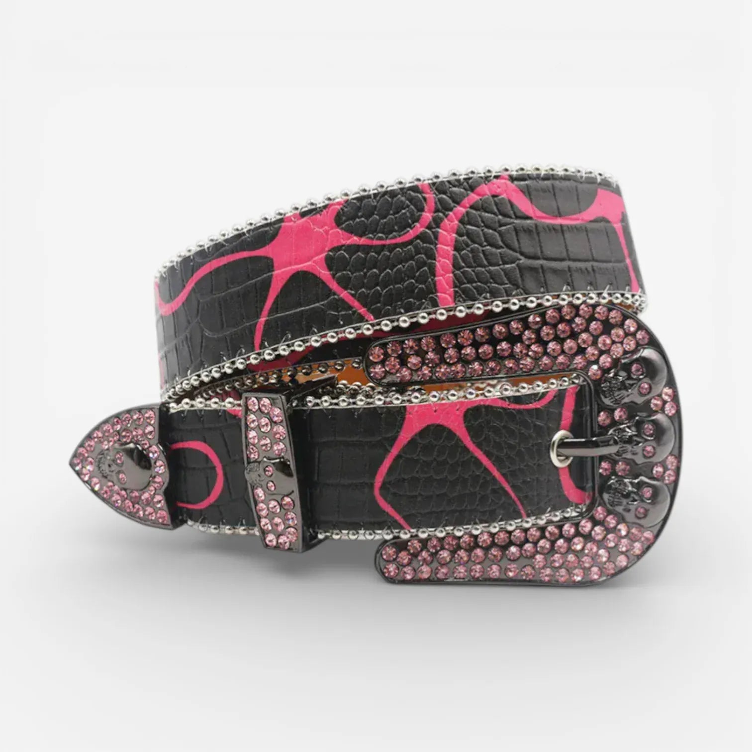 Maison de la Ceinture Noir / Rose / 105cm Ceinture à strass crâne unisexe – Skull shine