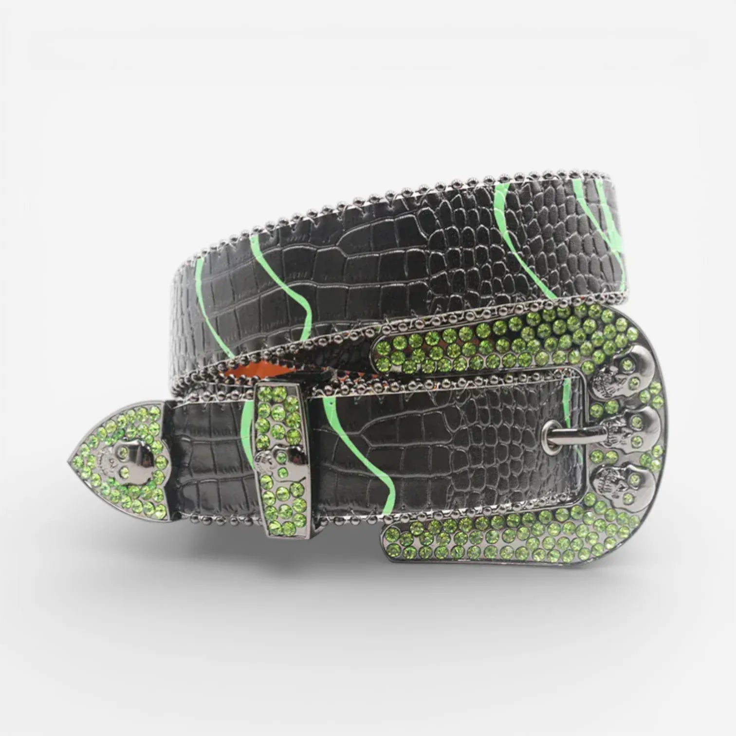Maison de la Ceinture Noir / Vert / 105cm Ceinture à strass crâne unisexe – Skull shine