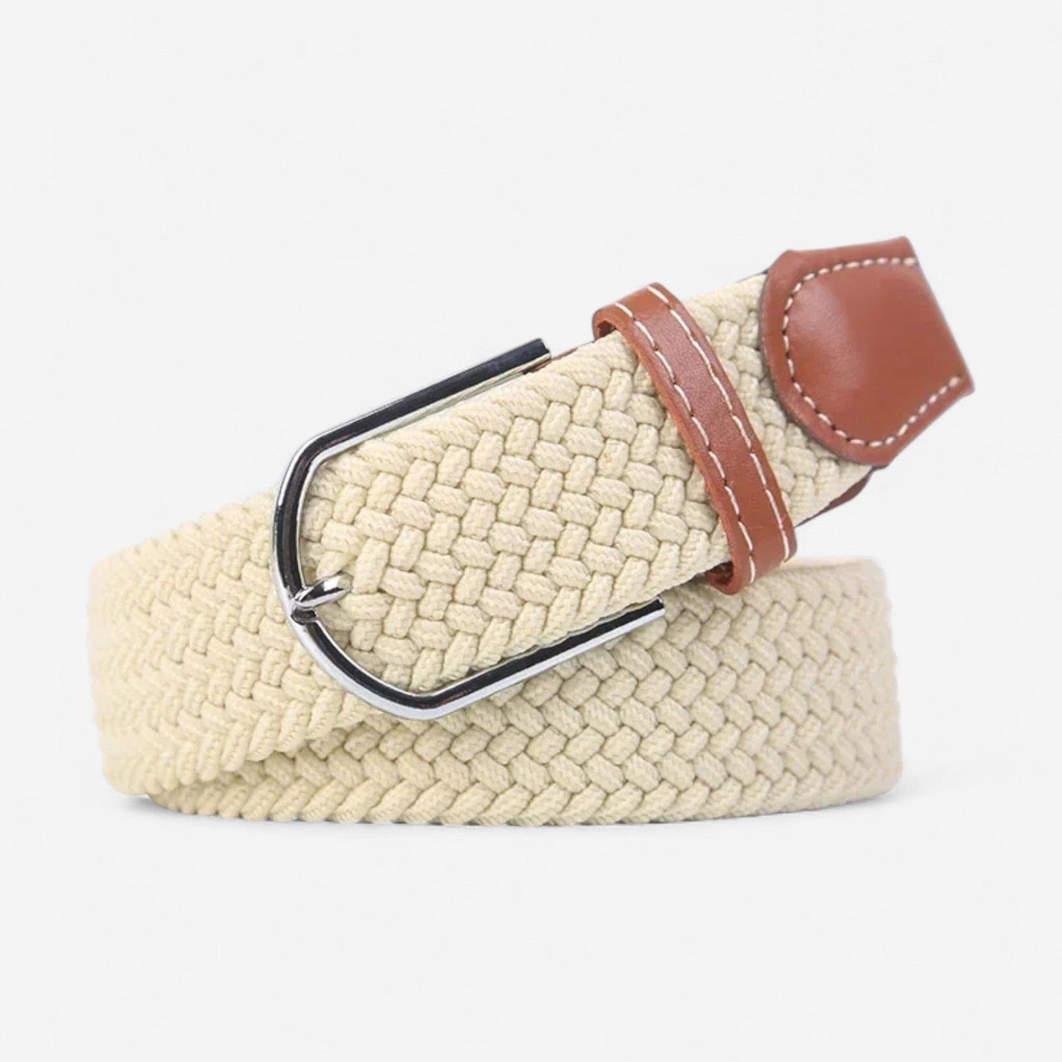 Maison de la Ceinture Beige / 110cm Ceinture tressée avec boucle argentée et finition cousue à la main, modèle Milo