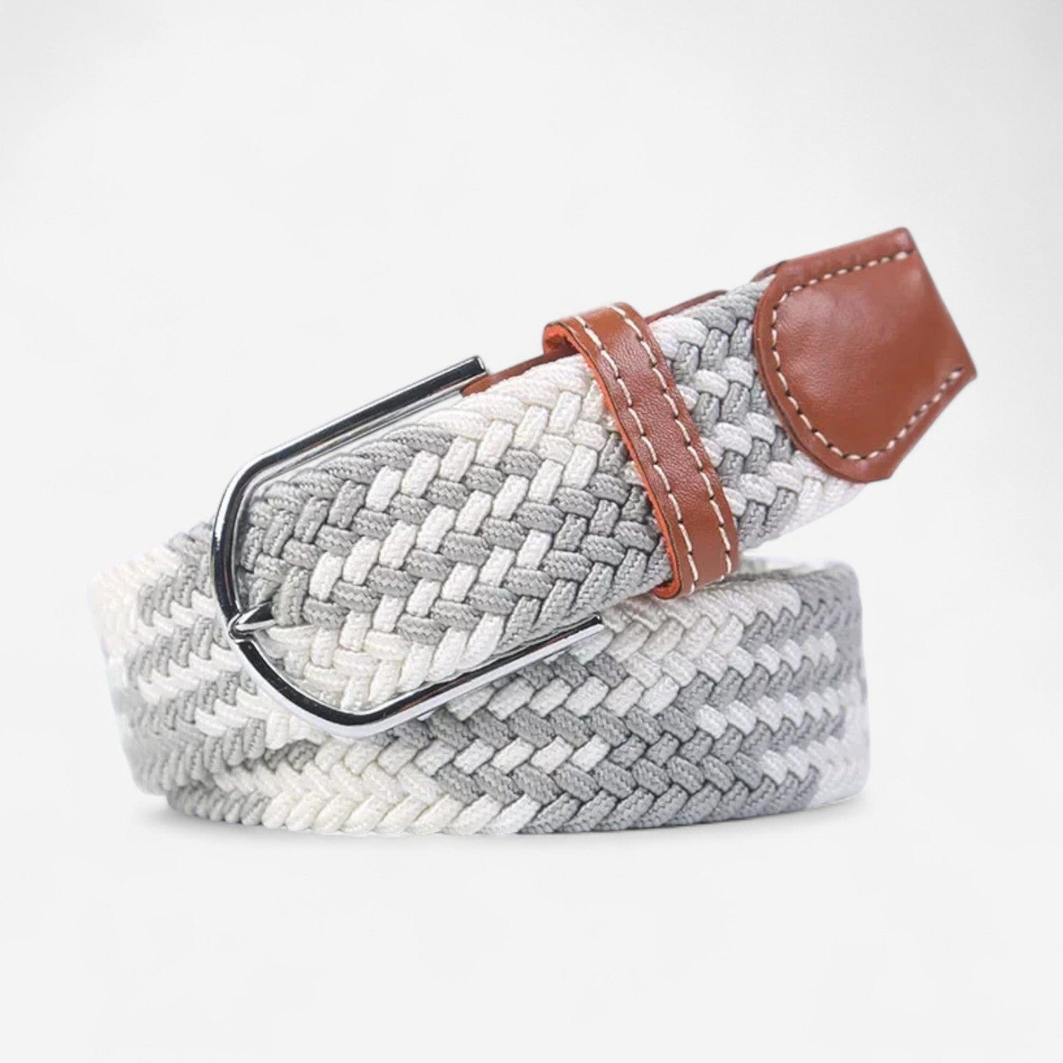 Maison de la Ceinture Blanc - Gris / 110cm Ceinture tressée avec boucle argentée et finition cousue à la main, modèle Milo
