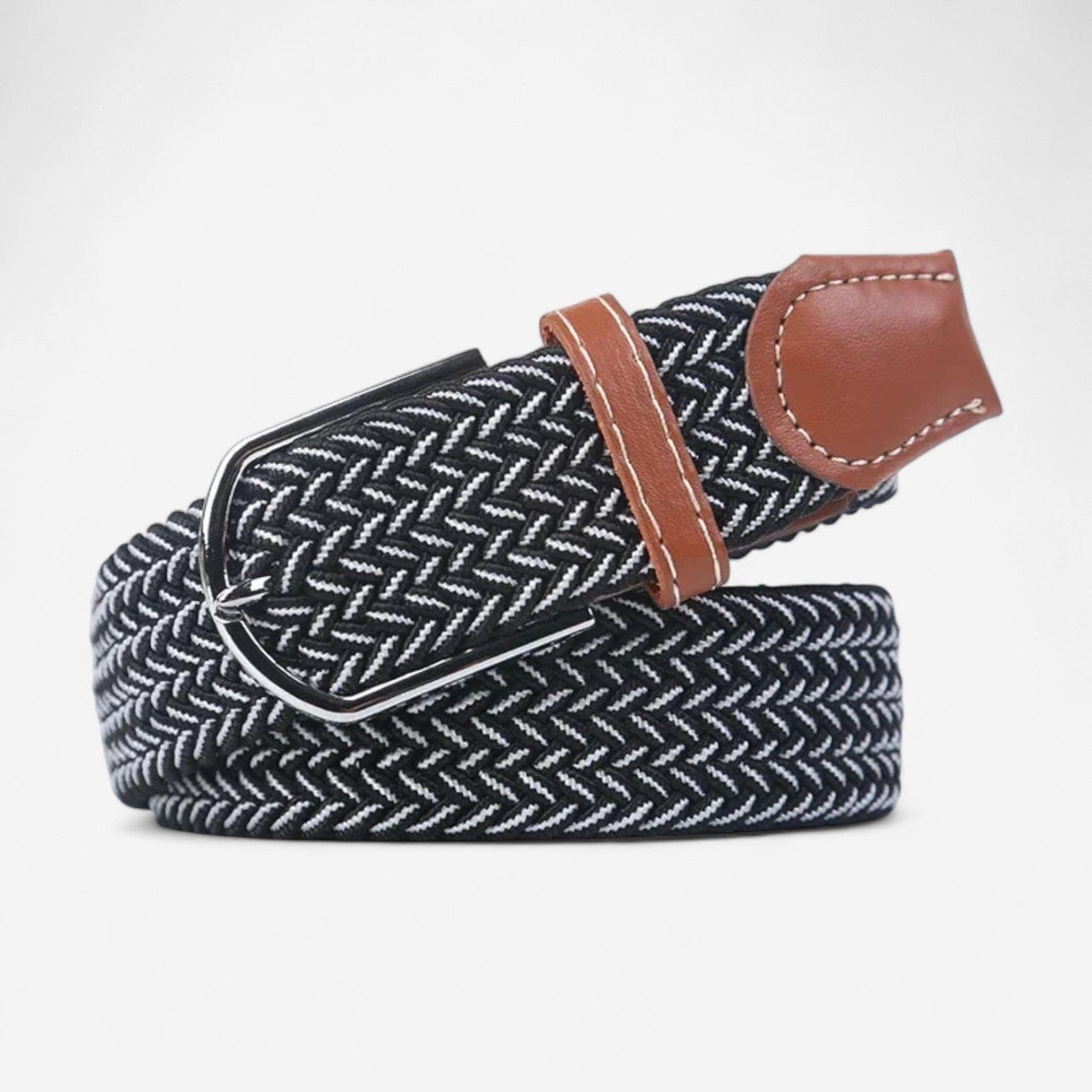 Maison de la Ceinture Noir - Blanc / 110cm Ceinture tressée avec boucle argentée et finition cousue à la main, modèle Milo